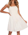 Womens Summer Spaghetti Strap Sleeveless Mini Dress | Square Neck, Ruffle Hem, A-Line, Flowy Swing Dress, Sun Dress, Wedding Guest Short Dress