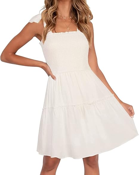 Womens Summer Spaghetti Strap Sleeveless Mini Dress | Square Neck, Ruffle Hem, A-Line, Flowy Swing Dress, Sun Dress, Wedding Guest Short Dress