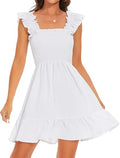 Women's Smocked Dresses Square Neck Elegant Tiered Boho Ruffle Shoulder Swing Flowy Summer Casual Mini Dress